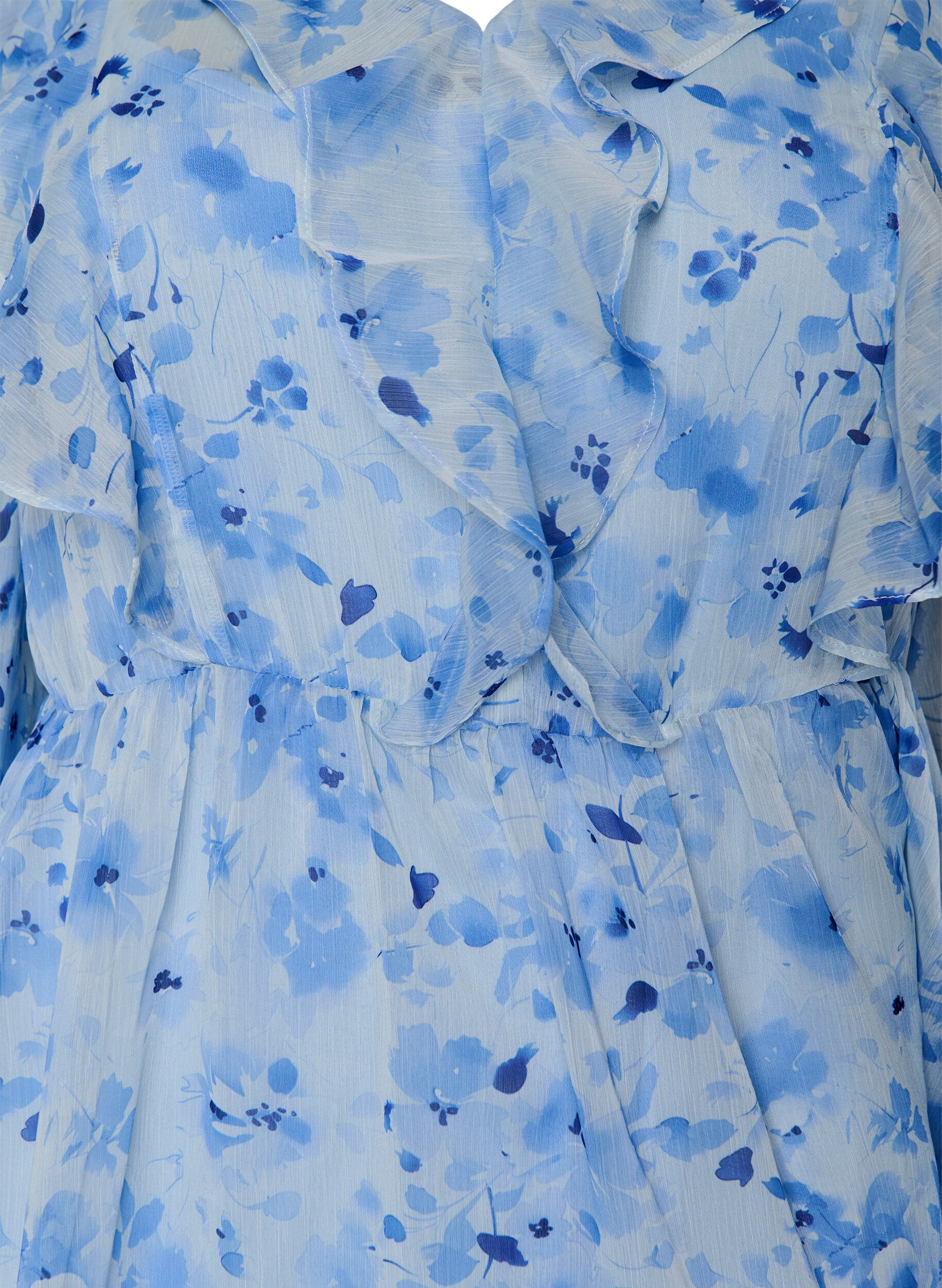 ZizziChiffonkjole med blomsterprint, volanger og lange ermer, Bl&aring;, Packshot image number 2