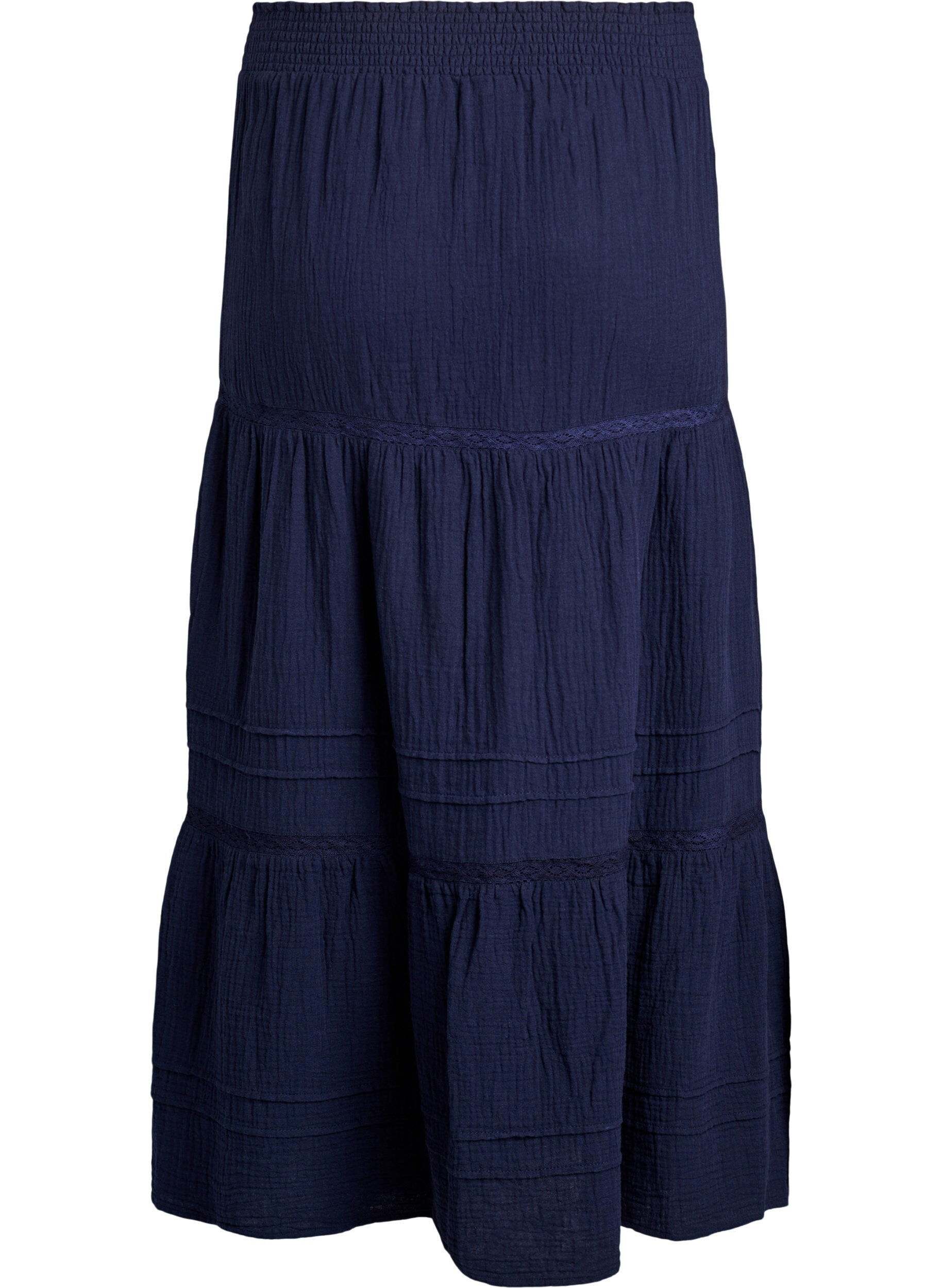 ZizziA-formet midiskj&oslash;rt i bomullsmuslin med heklet b&aring;nd, Bl&aring;, Packshot image number 1