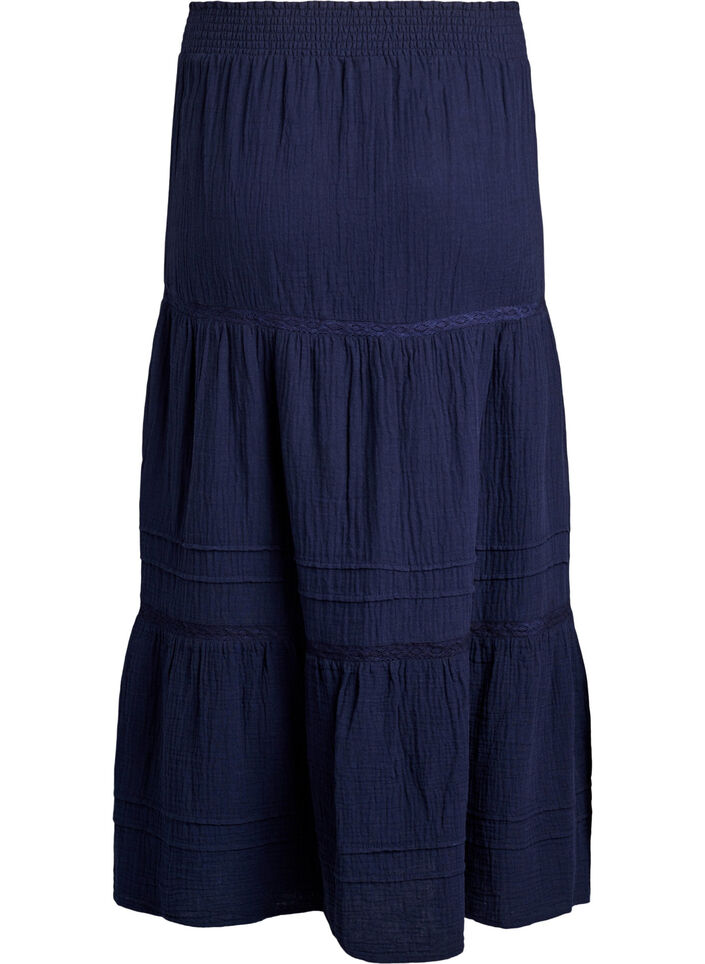 A-formet midiskj&oslash;rt i bomullsmuslin med heklet b&aring;nd, Bl&aring;, Packshot image number 1