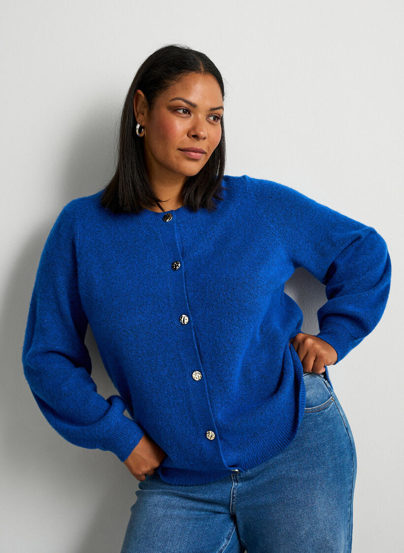 Cardigan i myk strikk med gullfargede knapper, Turkis, Model image number 0