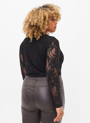Bodystocking med blonder og lange ermer, Black, Model image number 1