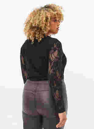 Bodystocking med blonder og lange ermer, Black, Model