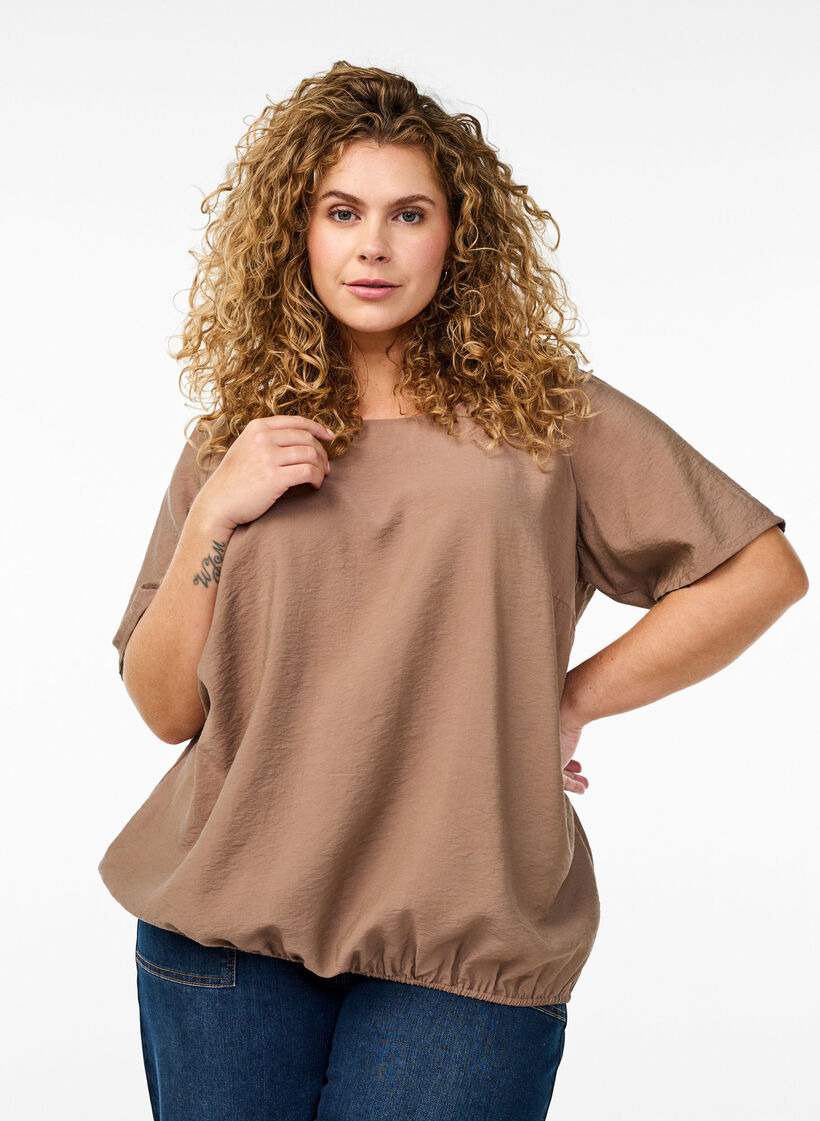 Kortermet bluse med elastisk fold, Brun, Model image number 0