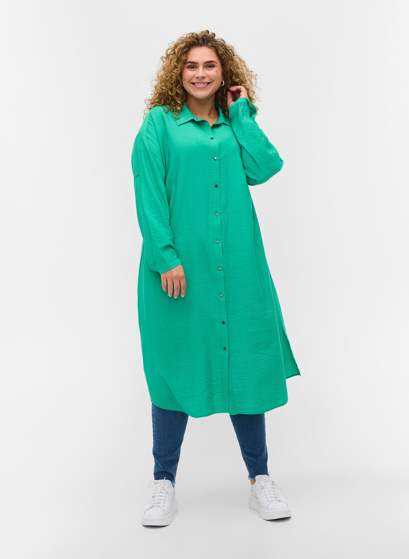 Lang viskoseskjorte med splitt, Mint, Model image number 2