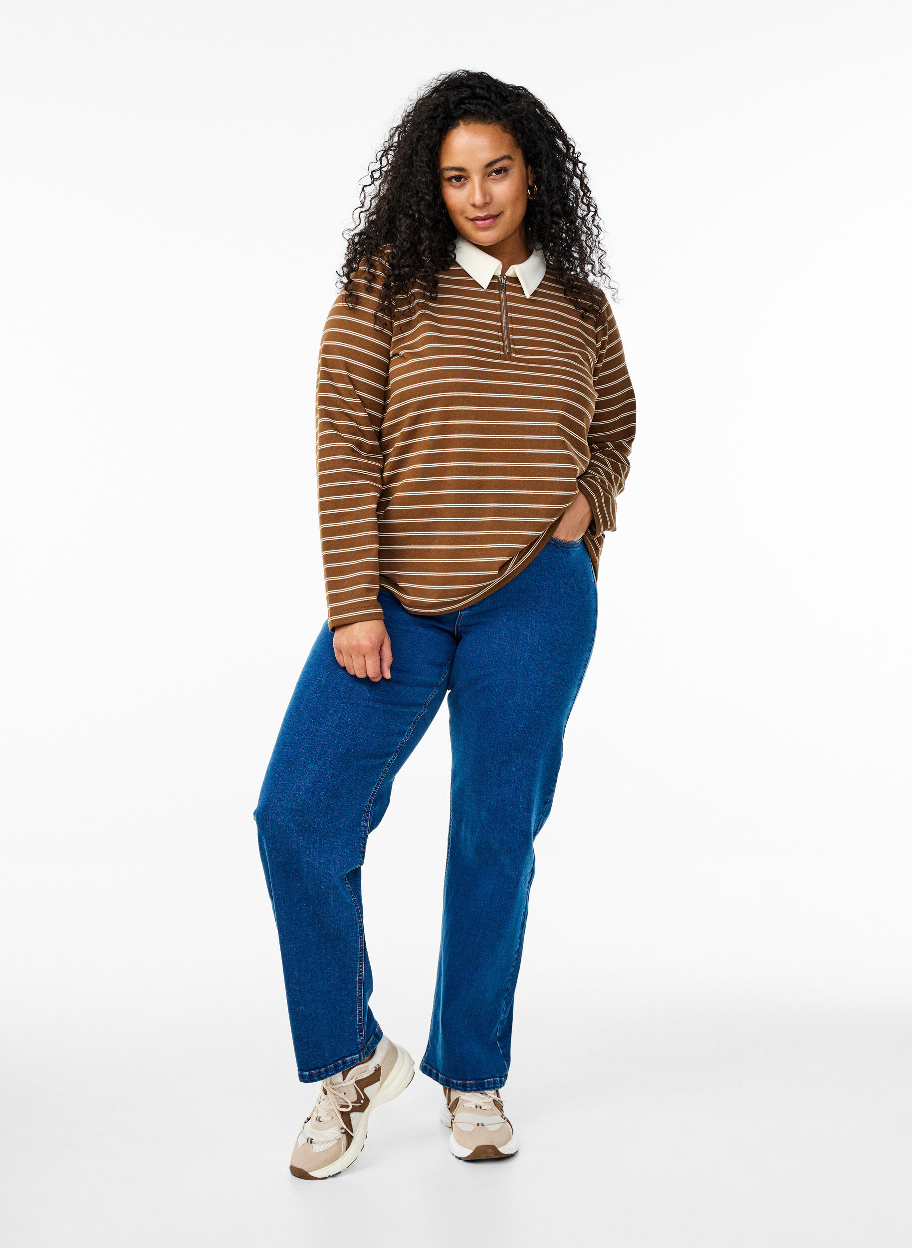 Zizzi Stripete poloskjorte med glidel&aring;s, Brun, Model image number 1