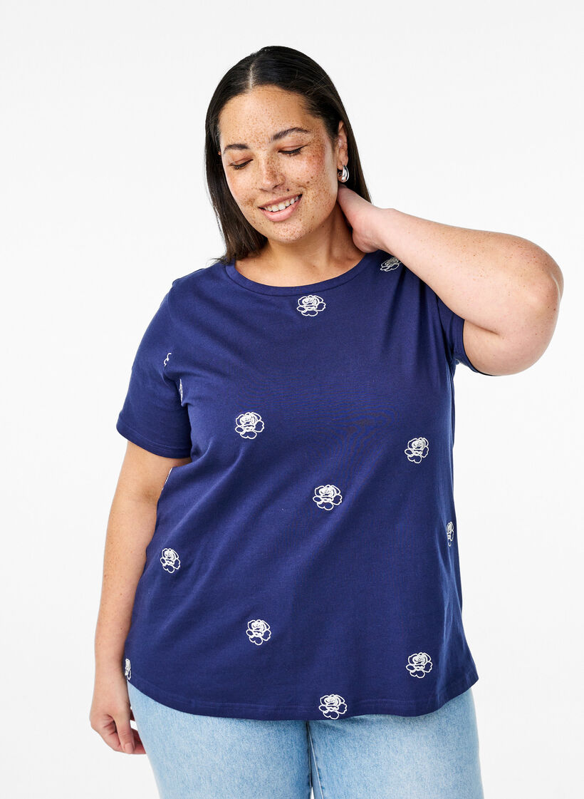 T-skjorte i &oslash;kologisk bomull med broderte motiv, Bl&aring;, Model image number 0