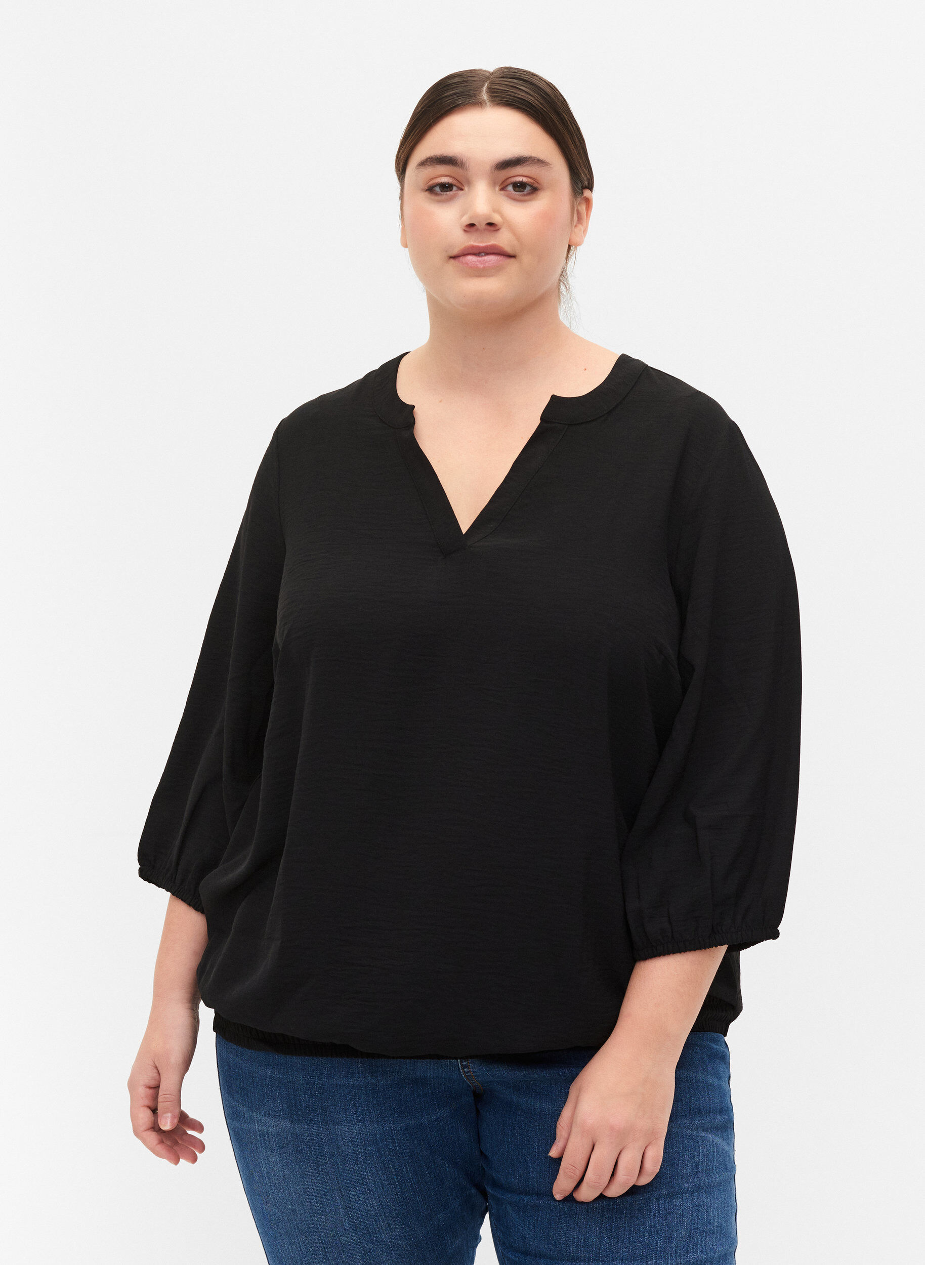Zizzi Bluse med smock og 3/4-ermer, Black, Model image number 0