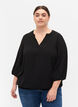 Bluse med smock og 3/4-ermer, Black, Model image number 0