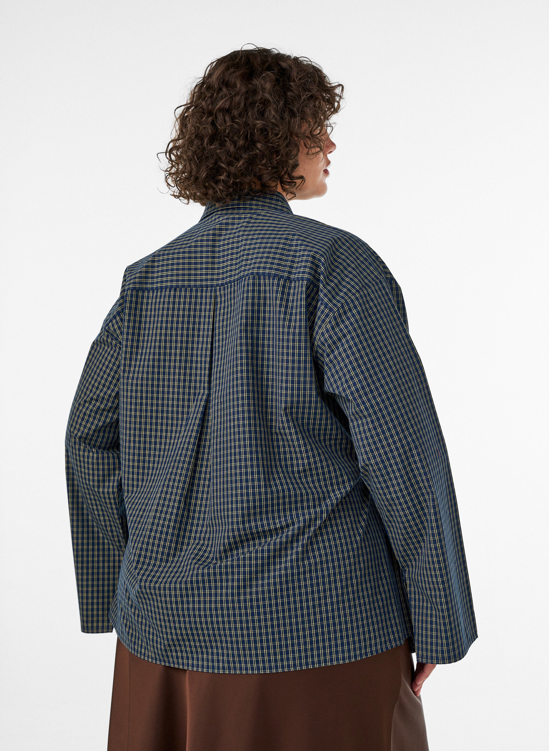 ZizziBomullsskjorte med rutete m&oslash;nster og skjult knappelukking, Bl&aring;, Model image number 2