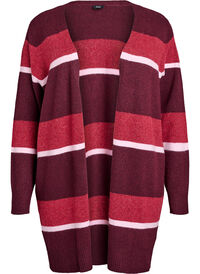 Lang strikkecardigan med brede striper, Mørk Bordeaux Lang strikkecardigan med brede striper