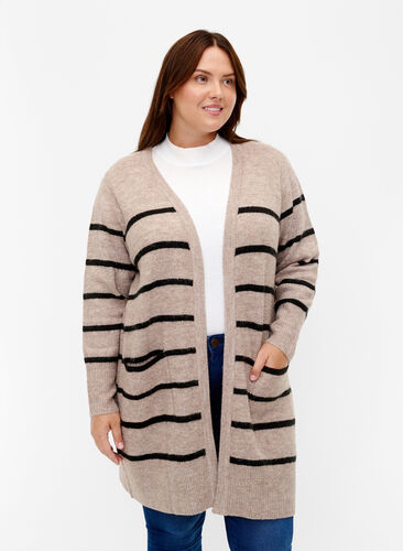 Strikket cardigan med striper, Simply Taupe Mel., Model image number 0