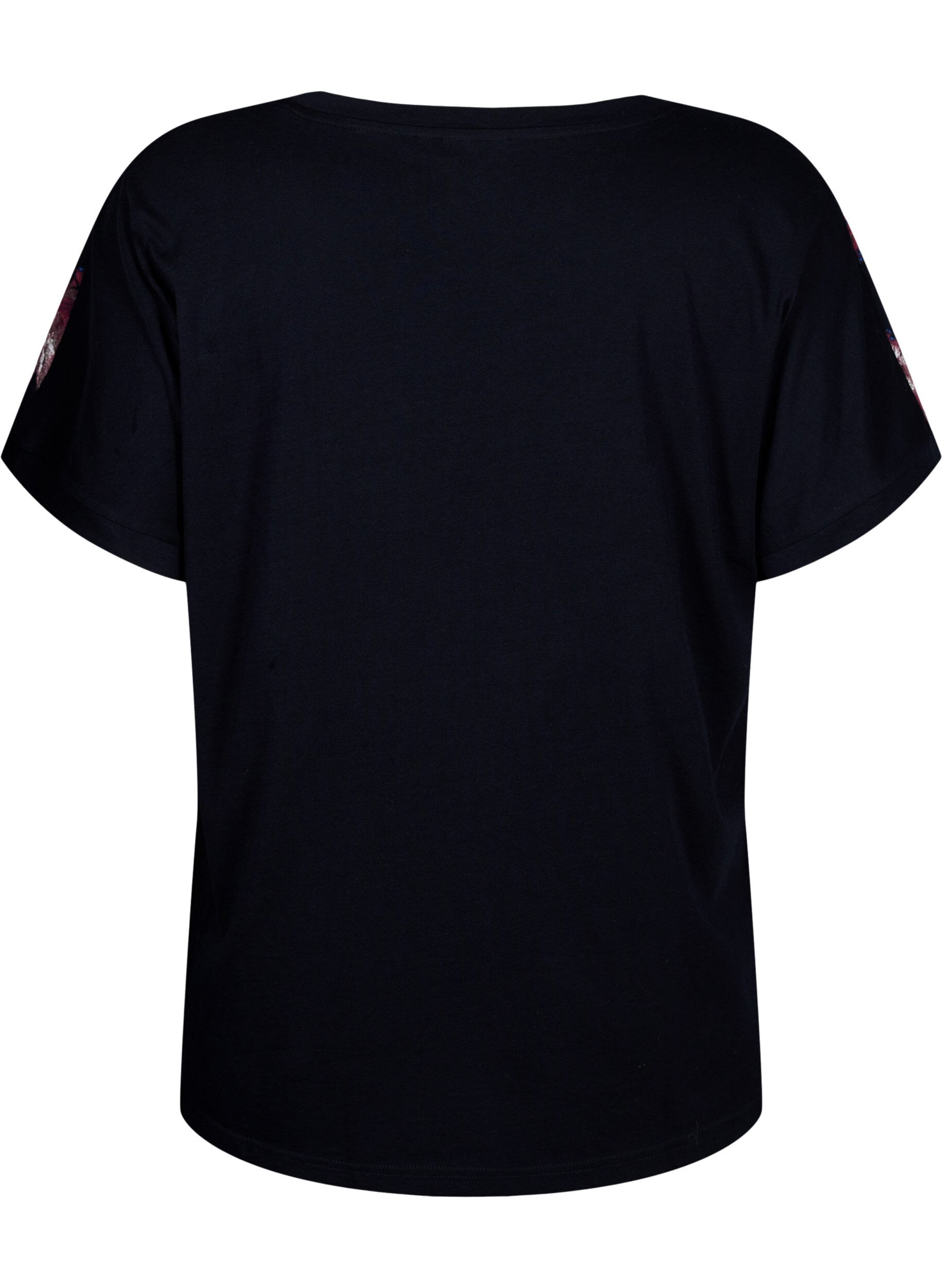 Zizzi L&oslash;s T-skjorte med blomstertrykk, Black Purple Fl. AOP, Packshot image number 1