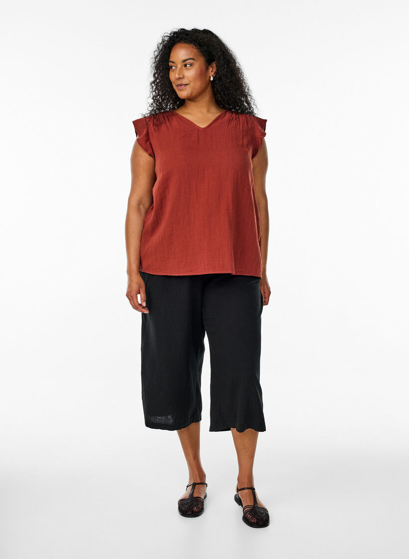 Ermel&oslash;s topp i bomullsmusselin med volanger, R&oslash;d, Model image number 1