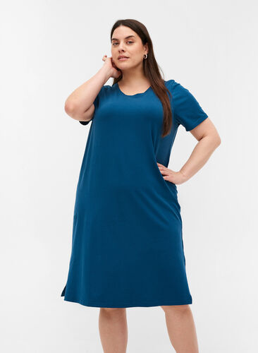 Kortermet kjole i bomull med splitter, Majolica Blue, Model image number 0