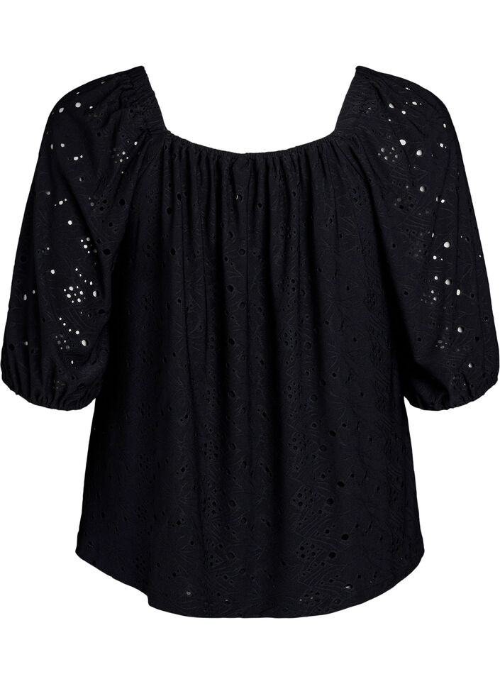 Bluse med korte puffede ermer og hullmønster, Svart, Packshot image number 1