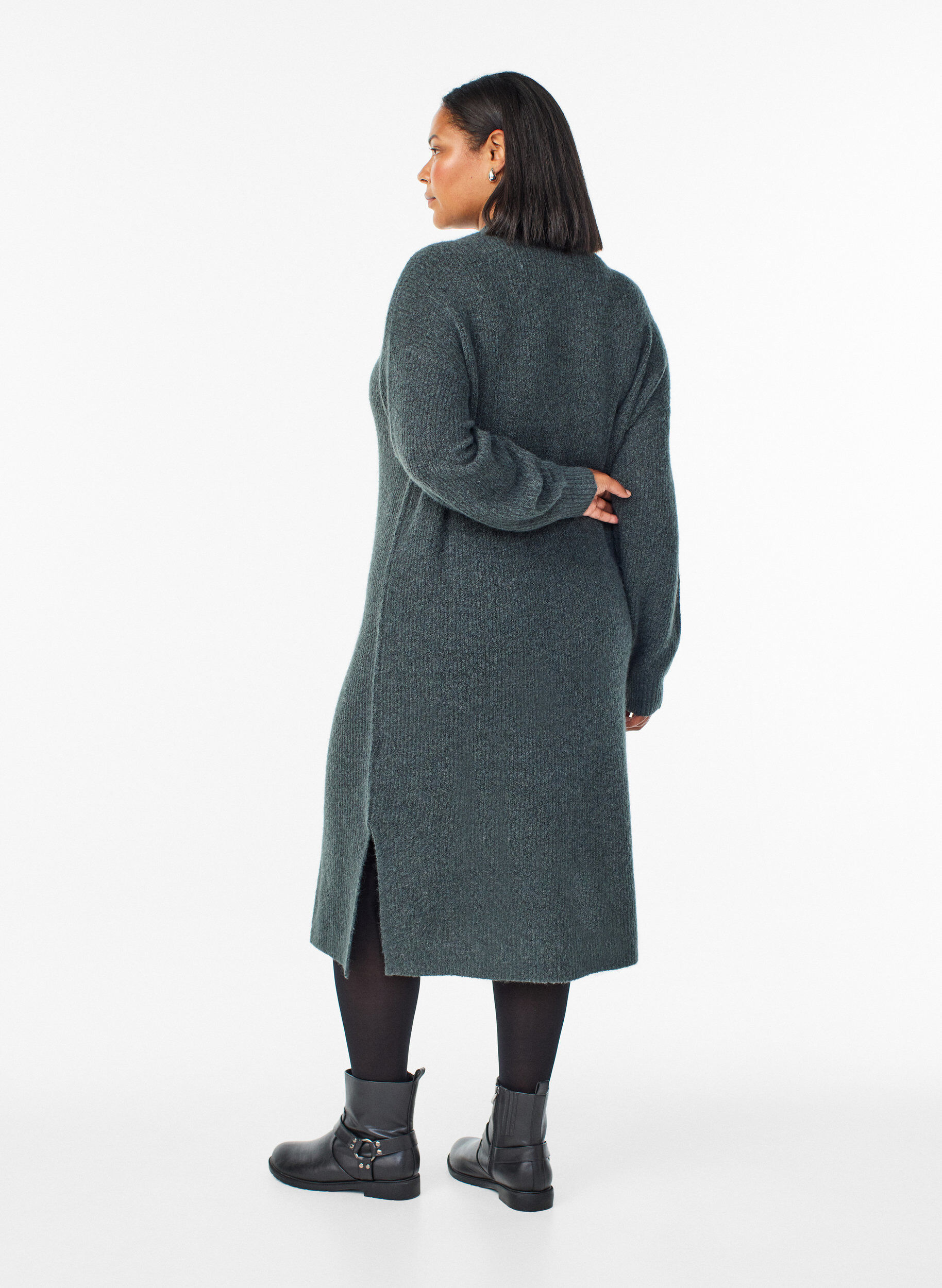 Zizzi Lang strikkekjole med h&oslash;y hals, Gr&oslash;nn, Model image number 1