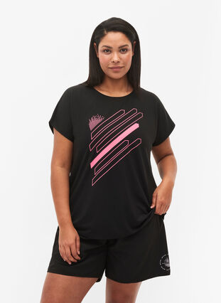 Kortermet trenings-T-skjorte med trykk, Black/Pink Print, Model image number 0