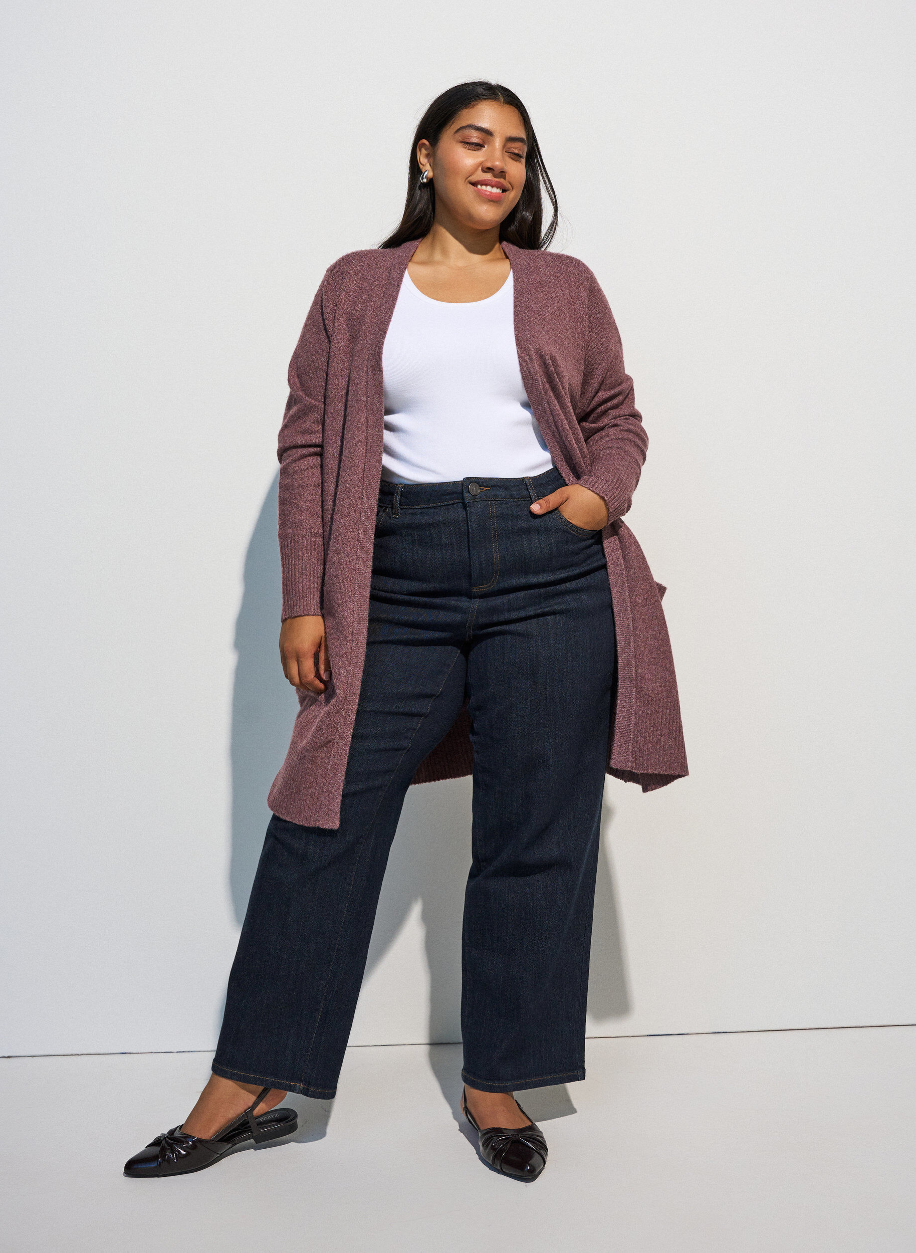 ZizziRibbestrikket cardigan med lommer, Rosa, Model image number 1