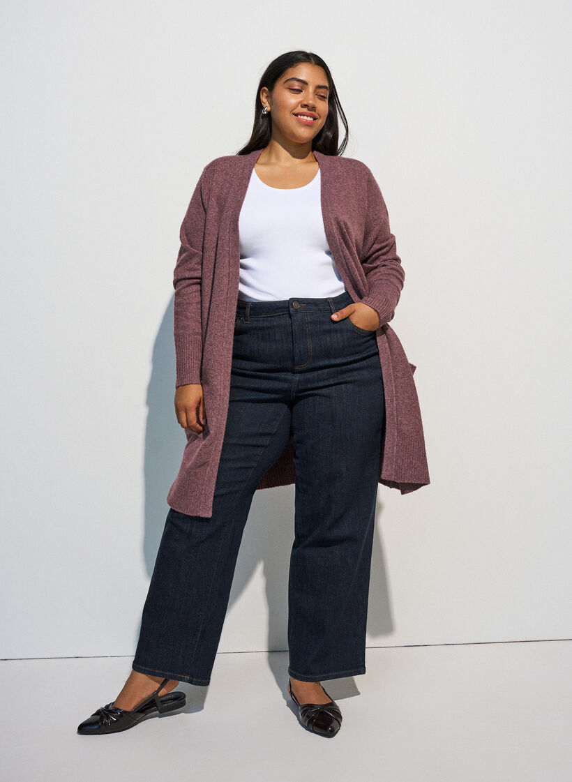 Ribbestrikket cardigan med lommer, Rosa, Model image number 1