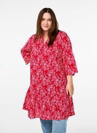 Zizzi Knelang kjole med blomstertrykk og 3/4 ermer, Rød, Model image number 0