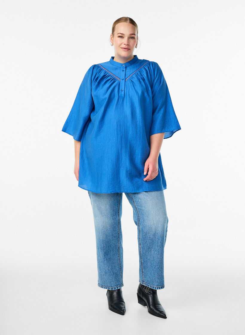 Tunika med hekledetaljer og stripet tekstur, Blå, Model image number 1