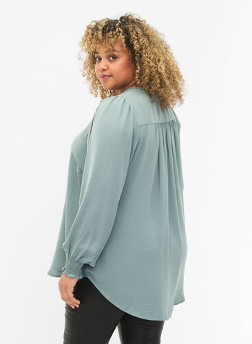 Bluse med vaffelsøm og v-utringning, Chinois Green, Model image number 1