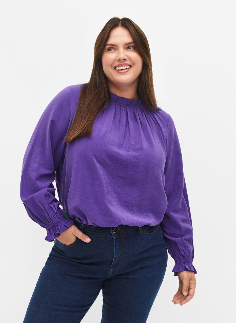 Langermet bluse i viskose med volanger, Prism Violet, Model image number 0