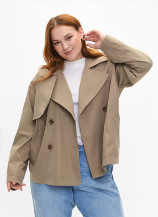 Zizzi Kort trenchcoat med trykknapplukking, Coriander, Model image number 0