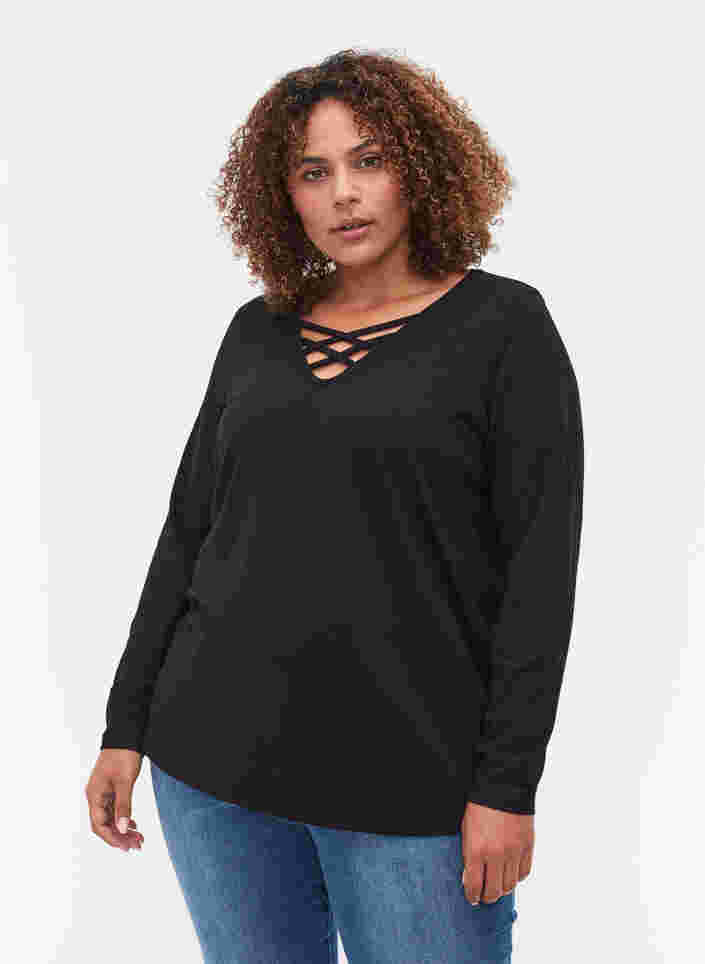Ensfarget bluse med lange ermer, Black, Model image number 0