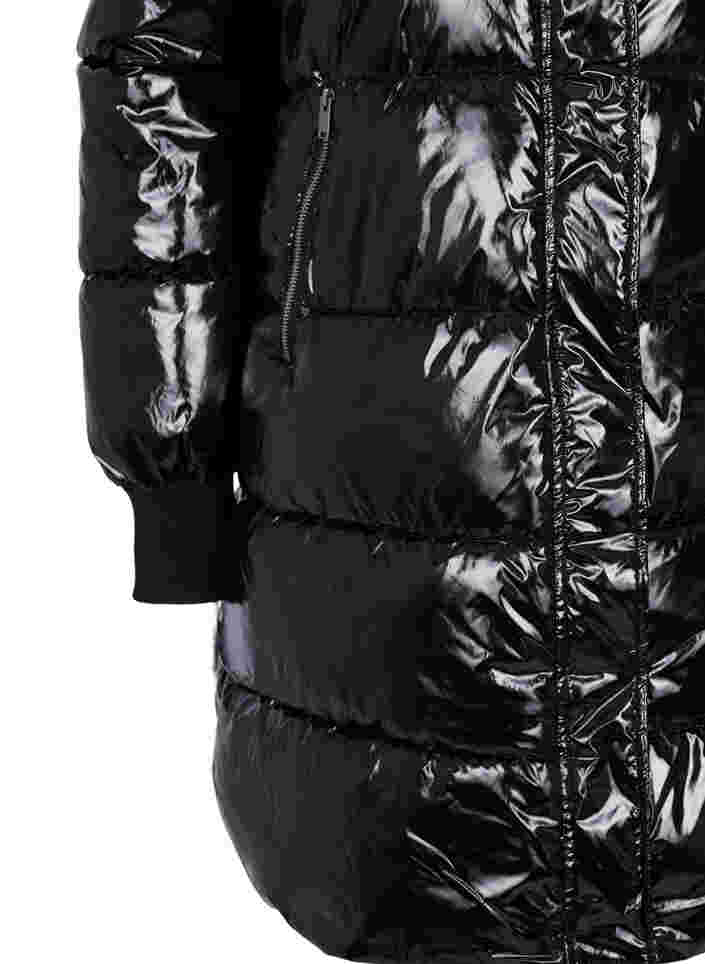 Skinnende vinterjakke med glidelås og knappelukkking, Black, Packshot image number 3