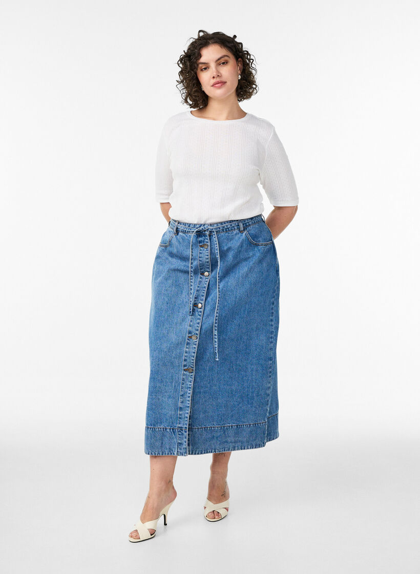 Langt denimskj&oslash;rt med knapper og knytebelte, Bl&aring;, Model image number 0