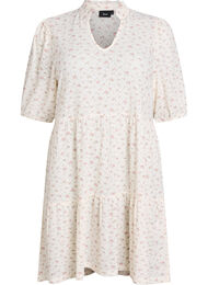 Kort A-formet kjole med 1/2 ermer, White w. Flower AOP