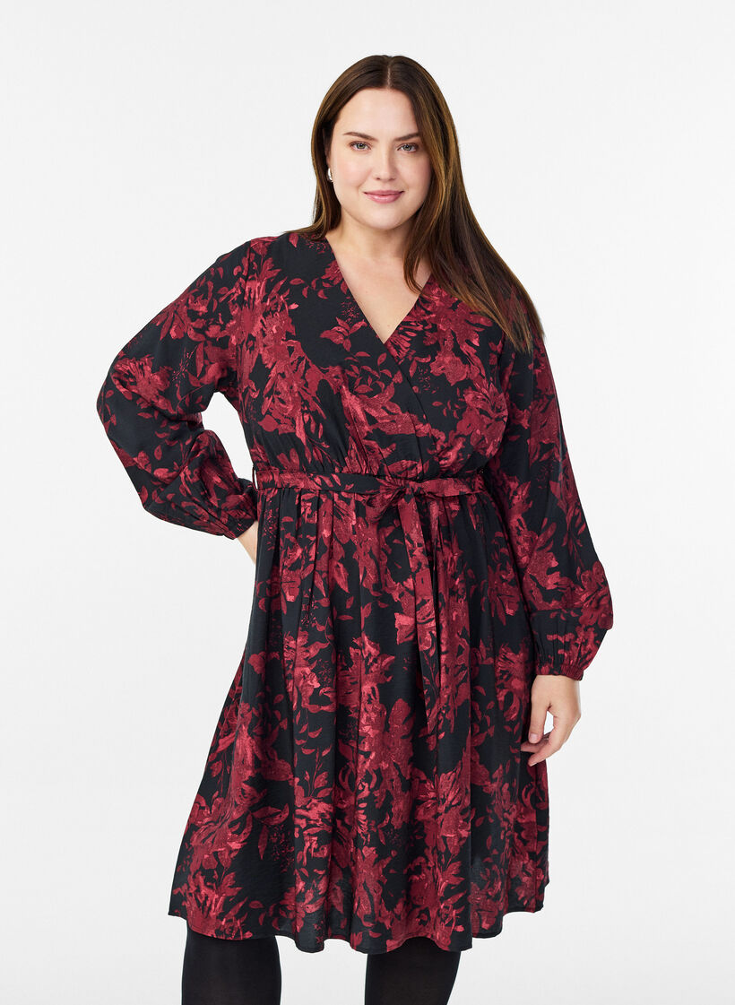 Knelang kjole med knytebelte og omslagsuttrykk, Svart, Model image number 0