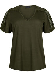Kortermet bluse med blonder og V-hals, Forest Night