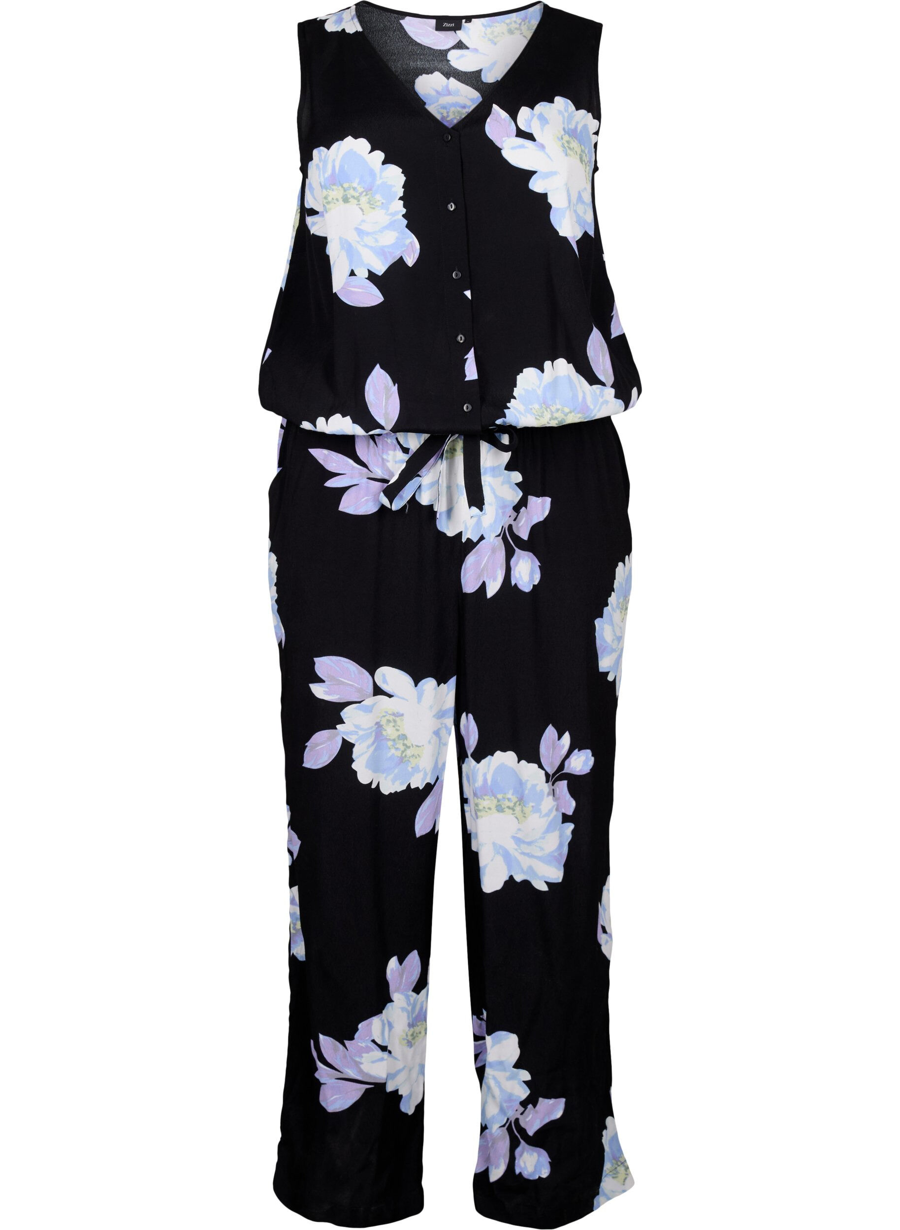 Zizzi Jumpsuit uten ermer i viskose, Black Big Flower AOP, Packshot image number 0