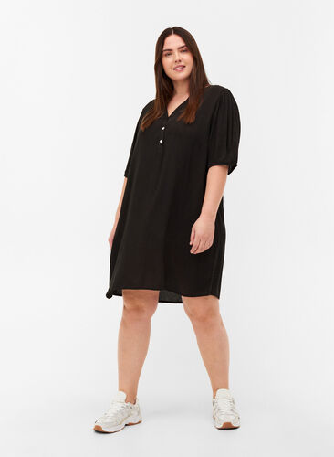 Viskosetunika med V-hals og knapper, Black, Model image number 2