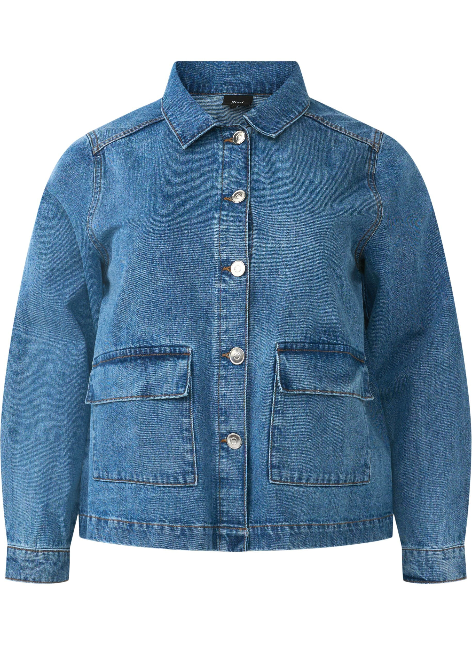 Zizzi Skjortejakke i denim med lommer, Blue Denim, Packshot image number 0