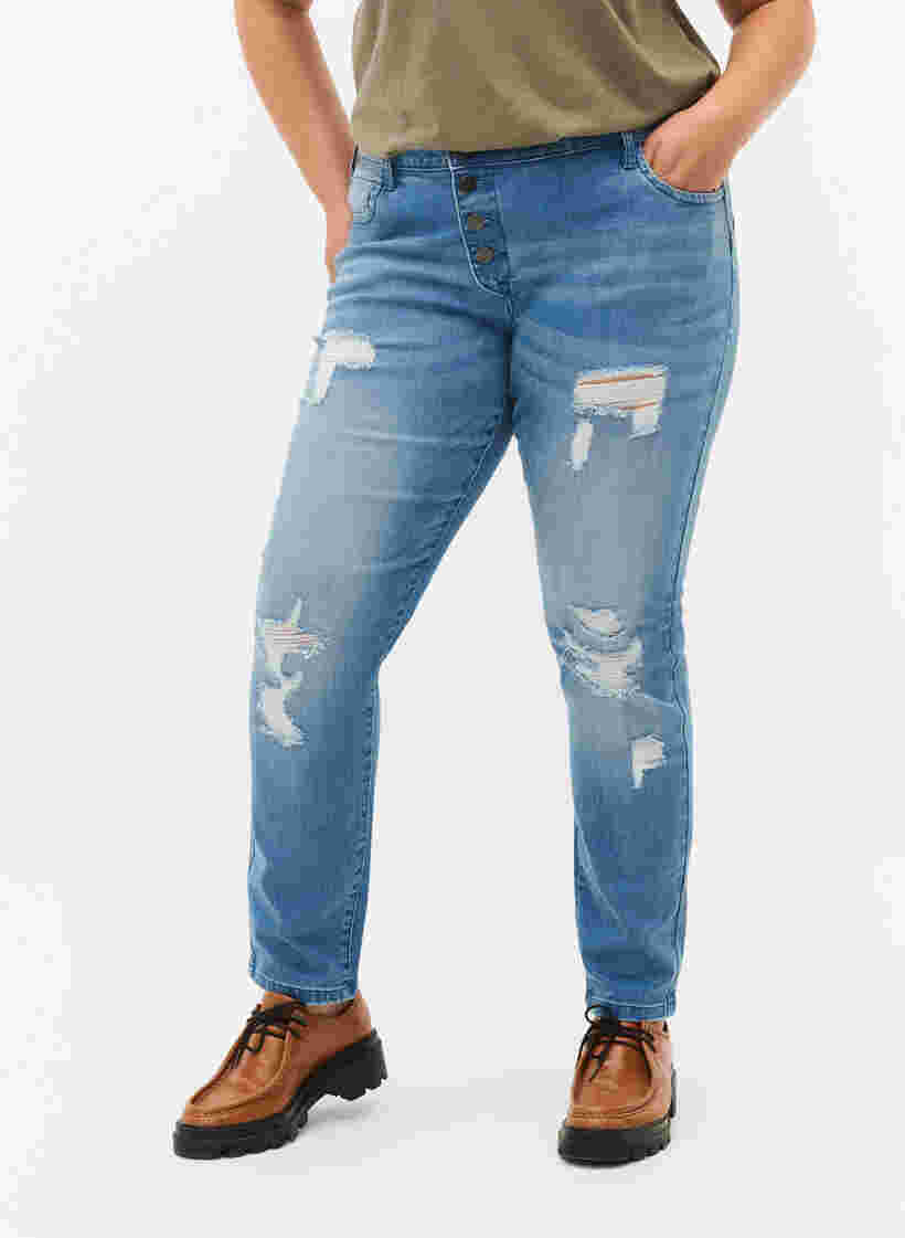 Ripped Emily jeans med normal høyde i livet, Blue denim, Model image number 2