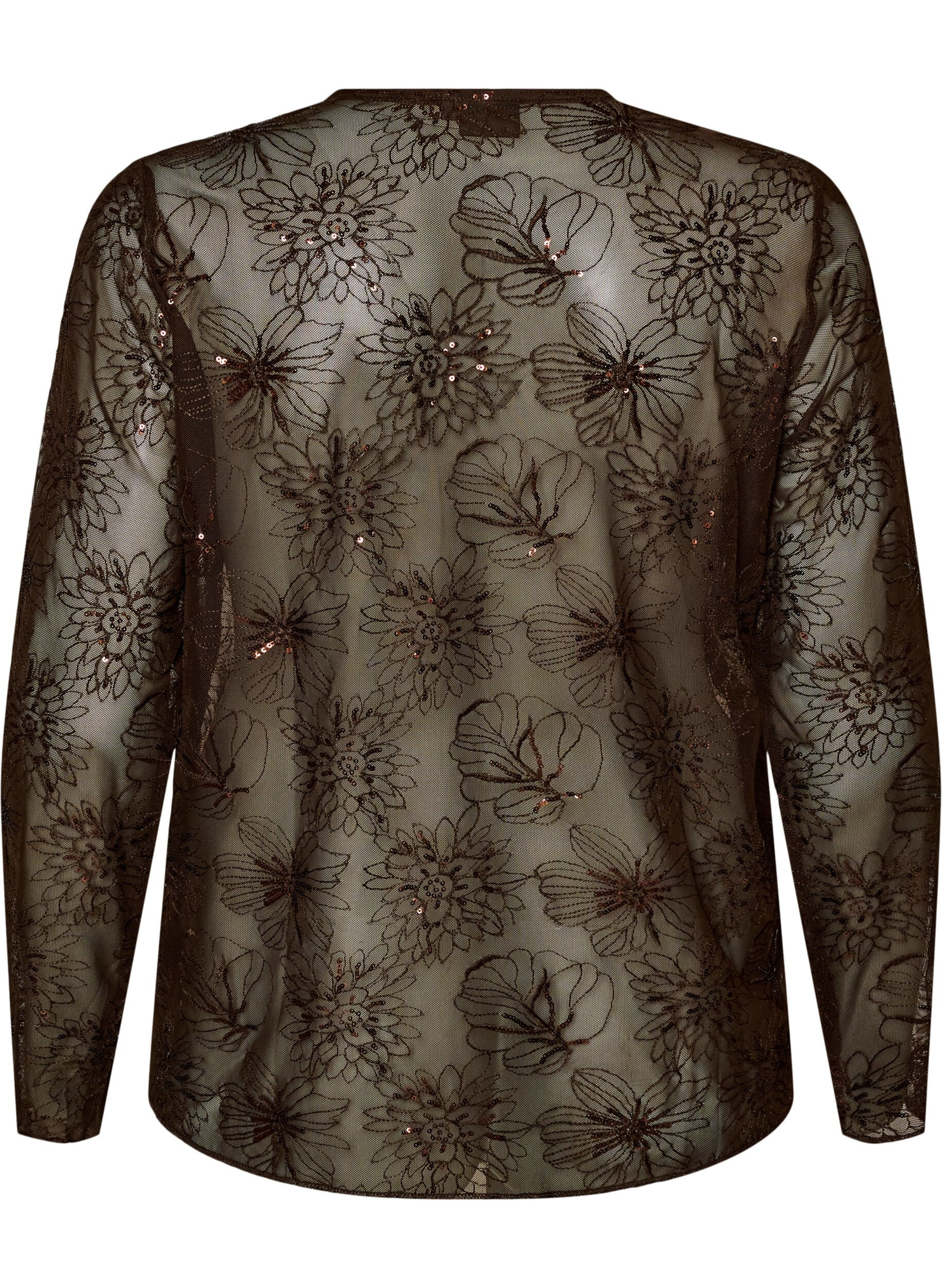 ZizziBluse i mesh med blomster og paljetter, Brun, Packshot image number 1