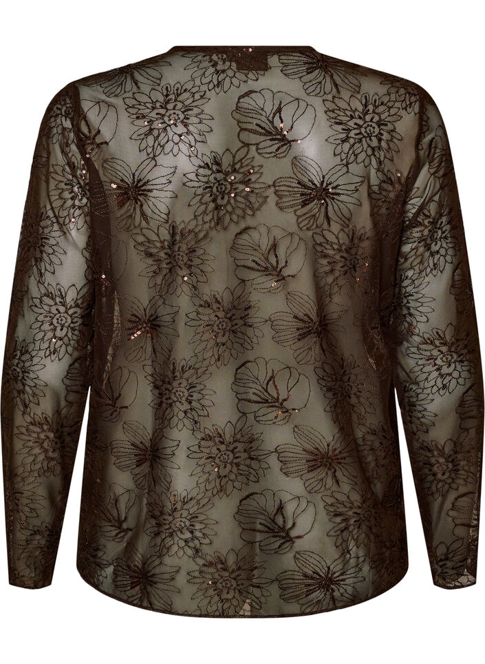 Bluse i mesh med blomster og paljetter, Brun, Packshot image number 1