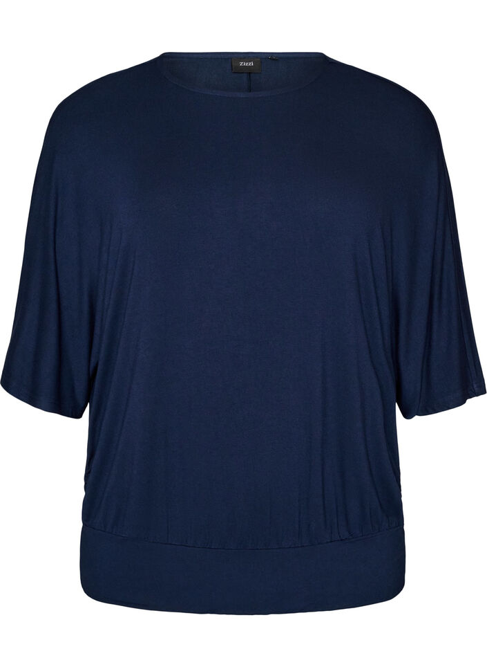 Jerseybluse med albuelange ballongermer, Bl&aring;, Packshot image number 0