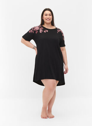 Nattkjole med blomstertrykk i bomull, Black, Model image number 2