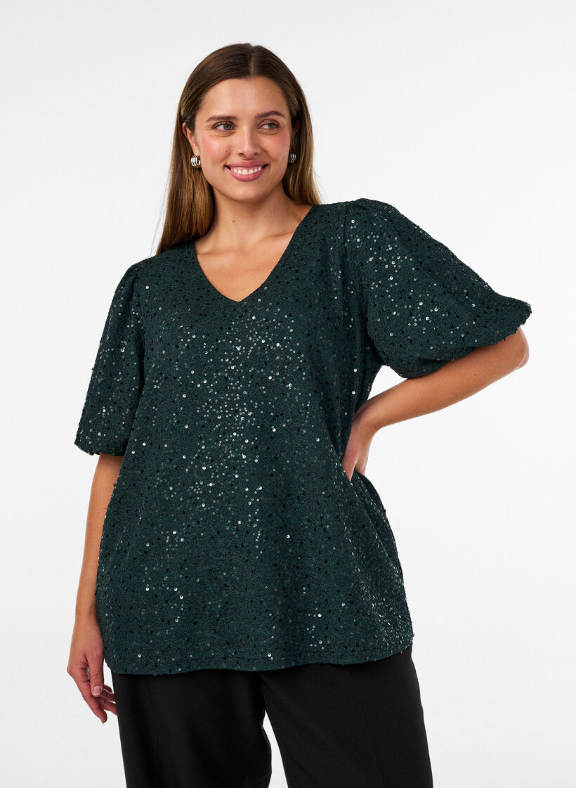 Paljettbluse med ballongermer, Gr&oslash;nn, Model image number 0