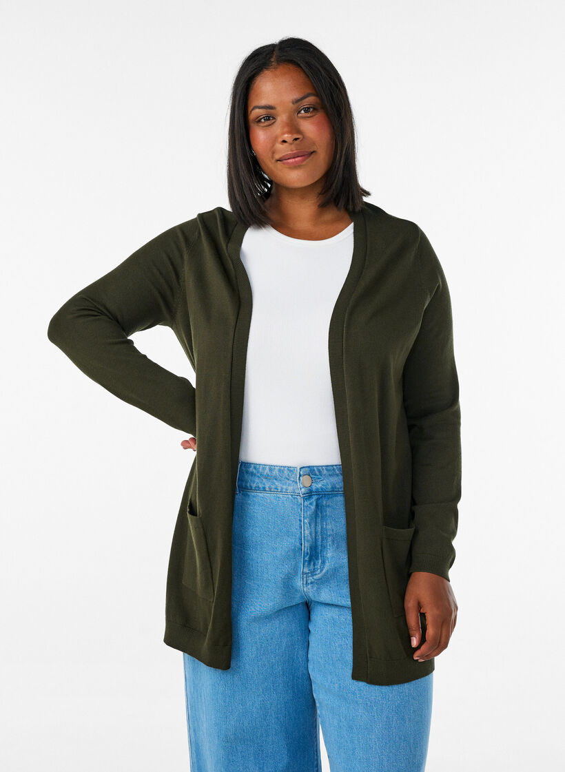 Lang strikkecardigan i viskoseblanding, Gr&oslash;nn, Model image number 0