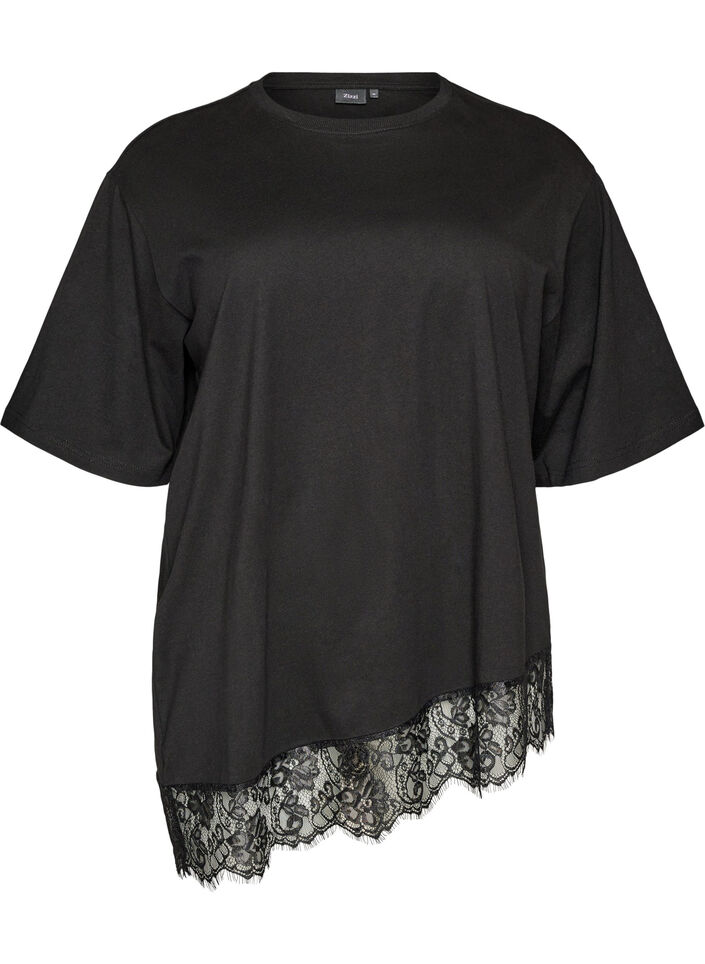 T-skjorte med asymmetrisk blondekant, Svart, Packshot image number 0