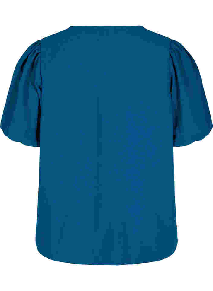 Ensfarget bluse med korte puffermer, Poseidon, Packshot image number 1