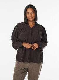 Bluse med rysjekrage og rynking, Brun Bluse med rysjekrage og rynking, Brun, Model