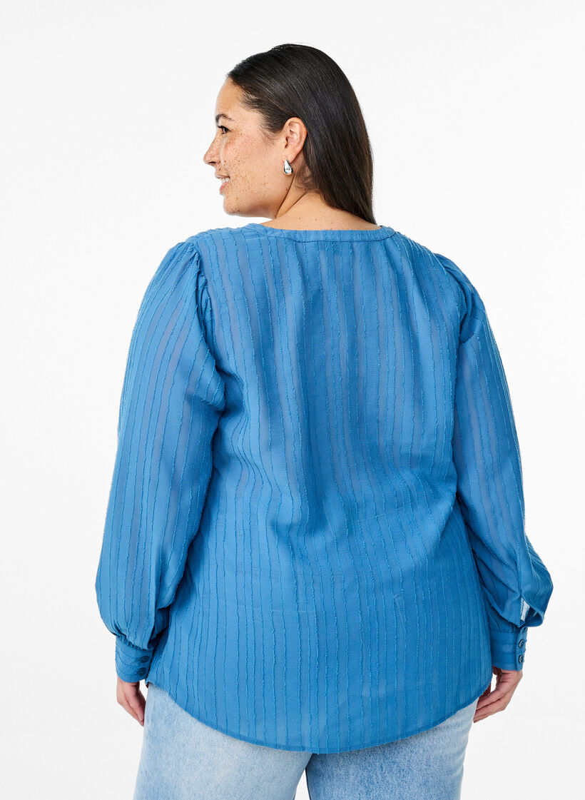 Stripete skjortebluse med gjennomsiktige striper, Blå, Model image number 2