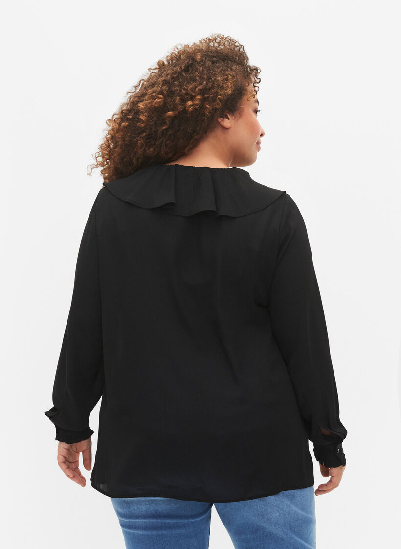 Bluse med lange ermer og volanger, Black, Model image number 1