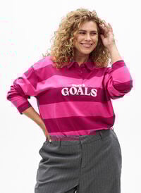 Stripete poloskjorte med brodert tekst, Rosa Stripete poloskjorte med brodert tekst, Rosa, Model